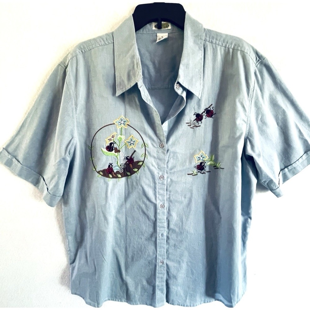 Vintage 90's Grandmacore Ladybug Blue Top XL Cottagecore Naturecore TeacherCore